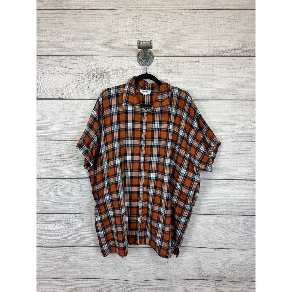Mittoshop Women's Orange Blue Plaid Button Up Flannel Tunic Top Size Large